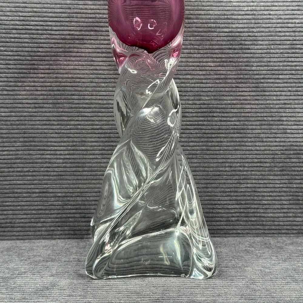 Vintage Hand Blown Art Glass Twisted Stem Candlestick Holder Cranberry Pink